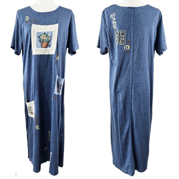 Vintage Cover Charge 100% Cotton Blue Patch Pocket Midi Dress Boho Whimsical - Picture 1 of 8